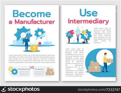 Become manufacturer brochure template. Use intermediary. Flyer, booklet, leaflet concept with flat illustrations. Vector page cartoon layout for magazine. advertising invitation with text space. Become manufacturer brochure template