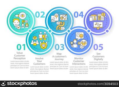 Becoming customer-centric business circle infographic template. Data visualization with 5 steps. Process timeline info chart. Workflow layout with line icons. Myriad Pro-Regular font used. Becoming customer-centric business circle infographic template