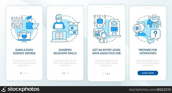 Becoming data scientist blue onboarding mobile app screen. Walkthrough 4 steps editable graphic instructions with linear concepts. UI, UX, GUI template. Myriad Pro-Bold, Regular fonts used. Becoming data scientist blue onboarding mobile app screen