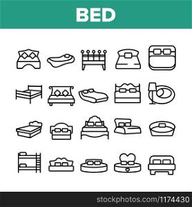 Bed Bedroom Furniture Collection Icons Set Vector Thin Line. Stylish Modern With Lamp, Vintage, In Heart Form And Bunk Bed Concept Linear Pictograms. Monochrome Contour Illustrations. Bed Bedroom Furniture Collection Icons Set Vector