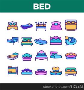 Bed Bedroom Furniture Collection Icons Set Vector Thin Line. Stylish Modern With Lamp, Vintage, In Heart Form And Bunk Bed Concept Linear Pictograms. Color Contour Illustrations. Bed Bedroom Furniture Collection Icons Set Vector