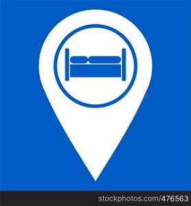 Bed, hostel, hotel sign icon white isolated on blue background vector illustration. Bed, hostel, hotel sign icon white