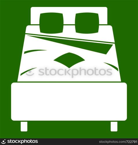 Bed icon white isolated on green background. Vector illustration. Bed icon green