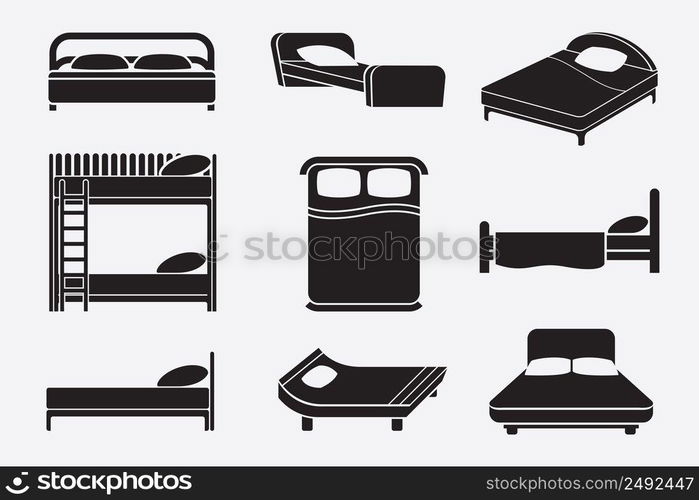 Bed icons set. Bedroom furniture, mattress and relax service, vector illustration. Bed icons set