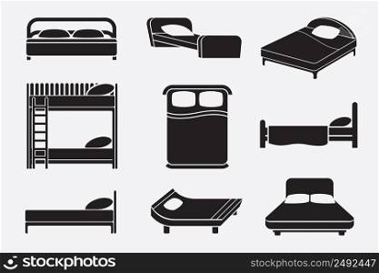 Bed icons set. Bedroom furniture, mattress and relax service, vector illustration. Bed icons set