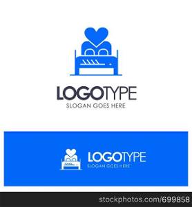 Bed, Love, Lover, Couple, Valentine Night, Room Blue Solid Logo with place for tagline