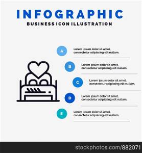 Bed, Love, Lover, Couple, Valentine Night, Room Line icon with 5 steps presentation infographics Background