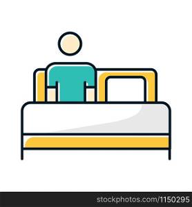 Bed rest color icon. Man relaxing under blanket. Common cold aid. Flu infection help. Influenza virus cure. Healthcare. Leisure and comfort. Person unwell in bedroom. Isolated vector illustration