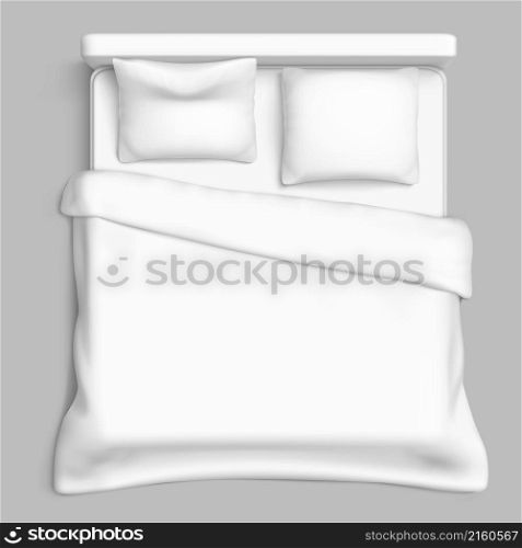 Bed top view white. blanket. pillow. interior mattress. hotel duvet 3d realistic vector. Bed top view white vector