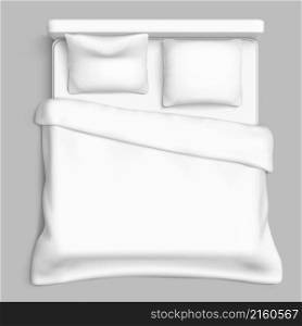 Bed top view white. blanket. pillow. interior mattress. hotel duvet 3d realistic vector. Bed top view white vector