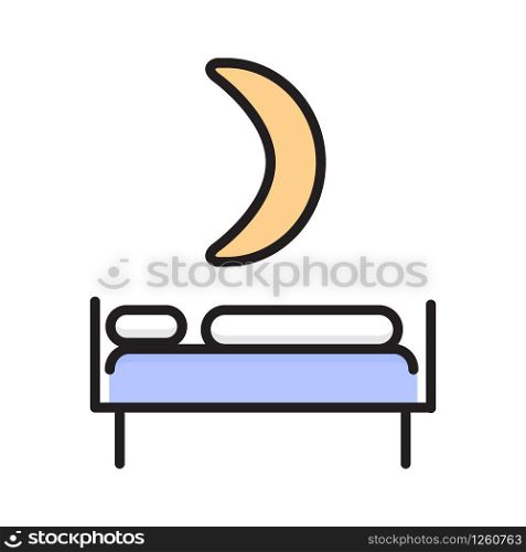 Bed with a month in a linear style. Night time icon vector. Chamber, room icon for the website. Drowsiness, fatigue, lack of energy illustration. Midnight sign.. Bed with a month in a linear style. Night time icon vector. Chamber, room icon for the website. Drowsiness, fatigue, lack of energy illustration.