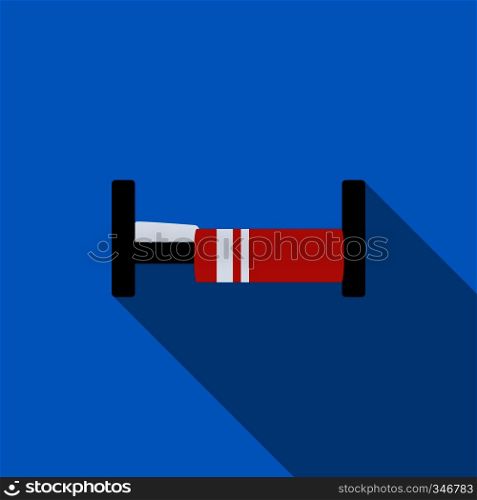Bed with red blanket icon in flat style on a blue background. Bed with red blanket icon, flat style