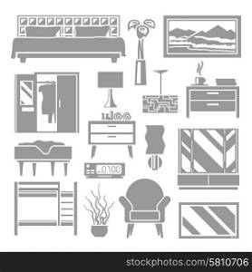 Bedroom and lounge interior furniture grey flat set isolated vector illustration. Bedroom Furniture Grey Set