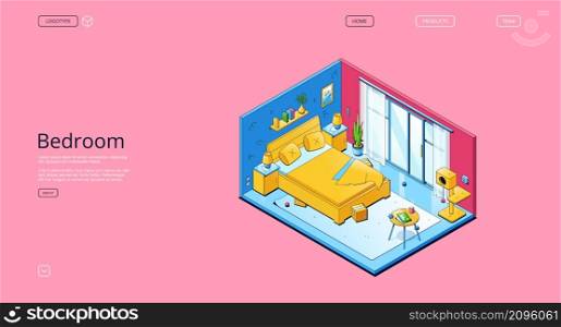 Bedroom banner. Isometric empty room for sleep and relax in apartment, house or hotel. Vector landing page with illustration of home interior with modern furniture, bed and scratching post for cat. Vector banner with isometric bedroom interior
