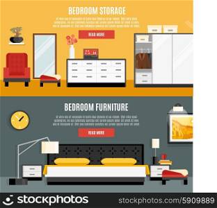 Bedroom Banners Set. Bedroom horizontal banners set with furniture and storage flat isolated vector illustration