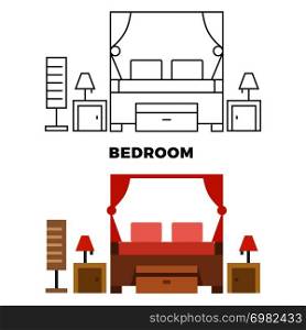 Bedroom concept - flat style and line style bedroom apartment furniture, vector illustration. Bedroom concept - flat style and line style bedroom