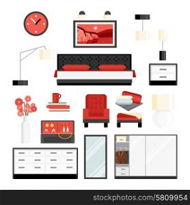Bedroom Decorative Icon Set. Bedroom furniture and accessories watch lamp and decoration flat color decorative icon set isolated vector illustration