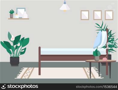 Bedroom flat color vector illustration. Bed for relaxation. Incent on table for aromatherapy. Place for rest. Furniture for recreation at home. Room 2D cartoon interior with wall on background. Bedroom flat color vector illustration