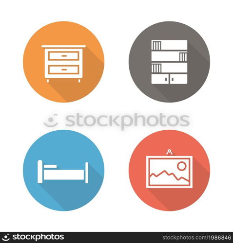 Bedroom flat design icons set. Interior decor long shadow silhouettes. House indoor furnishing symbols. Wall painting and bookcase round color pictograms. Room furniture vector infographics elements. Bedroom flat design icons set