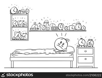 Bedroom full of alarm clocks, person is is not able to sleep, suffering insomnia in bed , vector cartoon stick figure or character illustration.. Person Not Able to Sleep in Bedroom with Many Alarm Clocks, Insomnia in Night,Vector Cartoon Stick Figure Illustration
