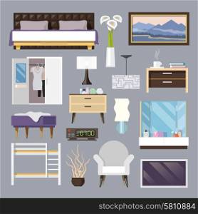 Bedroom furniture flat icons set with bed lamp armchair isolated vector illustration. Bedroom Furniture Flat Icons Set