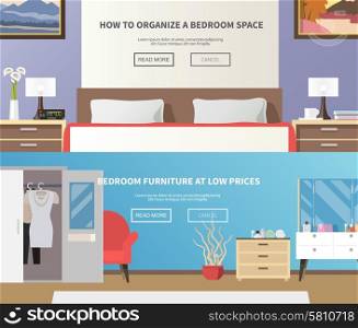 Bedroom furniture horizontal banner set with flat interior elements isolated vector illustration. Bedroom Furniture Banner