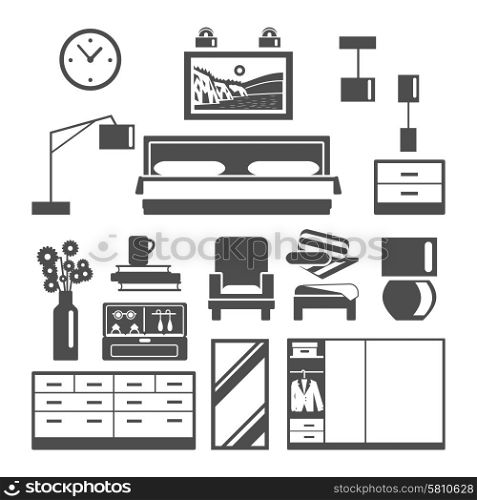 Bedroom Furniture Icons Set. Bedroom furniture black white icons set with armchair bed and wardrobe flat isolated vector illustration