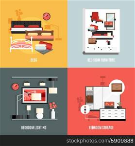 Bedroom Furniture Icons Set . Bedroom furniture icons set with beds storage and lighting flat isolated vector illustration