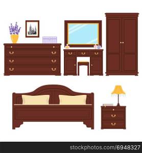 Bedroom furniture vector set. Set of Furniture for bedroom. Cute sleeping room. For advertising, real estate image, furniture shop. Bed, picture, chest of drawers, table lamp, dressing table, bedside table, wardrobe banquette