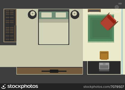 Bedroom in flat style, top view.. Bedroom in flat style, top view. Vector illustration of bedroom with workplace.