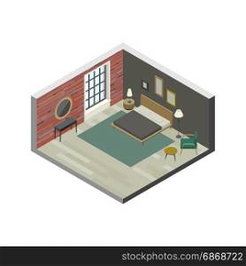 Bedroom in isometric view. Bedroom in isometric view. Vector illustration of room with brick wall, bed, armchair and console with mirror.