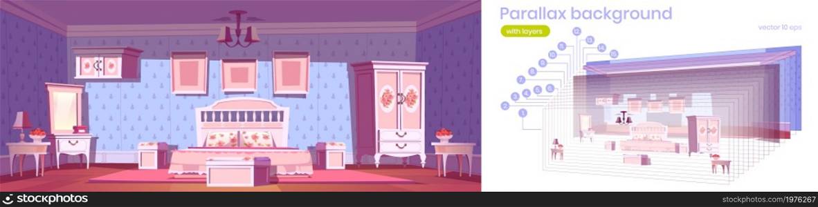 Bedroom in shabby chic style with bed, wardrobe and mirror. Vector parallax background for 2d animation with cartoon interior with pink furniture with flower decor. Parallax background with in shabby chic bedroom