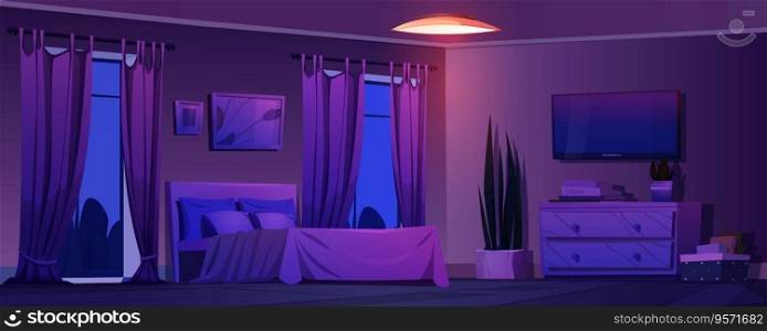 Bedroom interior at night - cartoon vector illustration of dark room for rest and sleep with double bed with pillows, TV and paintings on walls, large windows with curtains and light from lamp.. Bedroom interior at night - cartoon vector