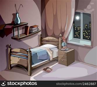 Bedroom interior at night in cartoon style. Vector sleeping concept background. Illustration room with bed furniture, comfort for sleep relaxation and dream. Bedroom interior at night in cartoon style. Vector sleeping concept background