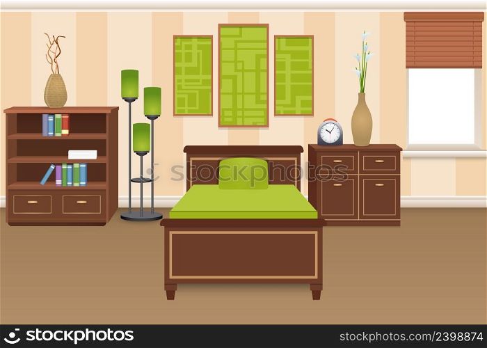 Bedroom interior concept with bed bookshelves and wardrobe vector illustration. Bedroom Interior Concept