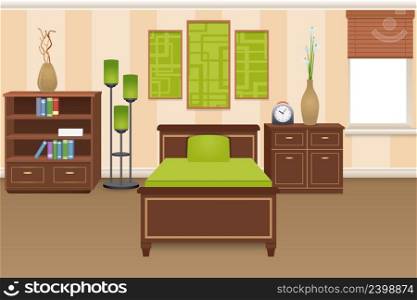 Bedroom interior concept with bed bookshelves and wardrobe vector illustration. Bedroom Interior Concept