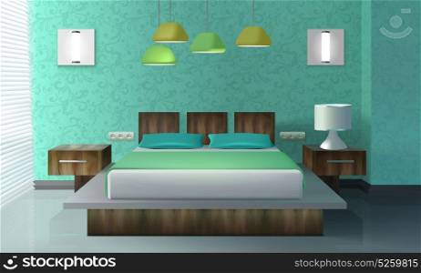 Bedroom Interior Design. Bedroom interior design with bed bedside table and lamp realistic vector illustration