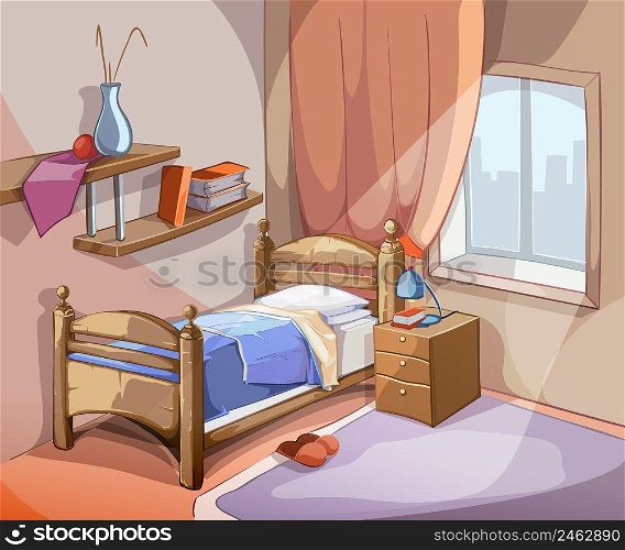 Bedroom interior in cartoon style. Furniture design bed indoor apartment. Vector illustration. Bedroom interior in cartoon style. Vector illustration