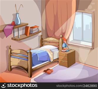 Bedroom interior in cartoon style. Furniture design bed indoor apartment. Vector illustration. Bedroom interior in cartoon style. Vector illustration