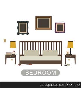 Bedroom interior in flat style.. Bedroom interior with furniture on white background. Vector banner of bedroom in flat style.