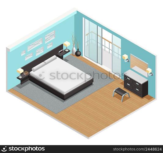 Bedroom interior isometric view with king size bed nightstand carpet and balcony sliding doors abstract vector illustration . Bedroom Interior Isometric View Poster