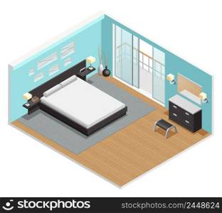 Bedroom interior isometric view with king size bed nightstand carpet and balcony sliding doors abstract vector illustration . Bedroom Interior Isometric View Poster