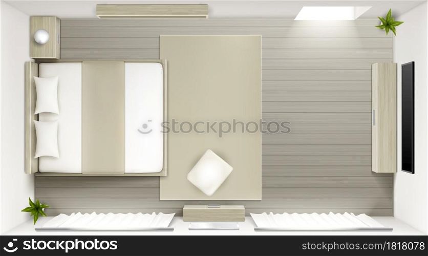 Bedroom interior top view, modern 3d home or hotel room, empty apartment with double king size bed, nightstand with lamp, shelf, rag and tv set on wall, bedchamber design, Realistic vector render. Bedroom interior top view, modern 3d home room