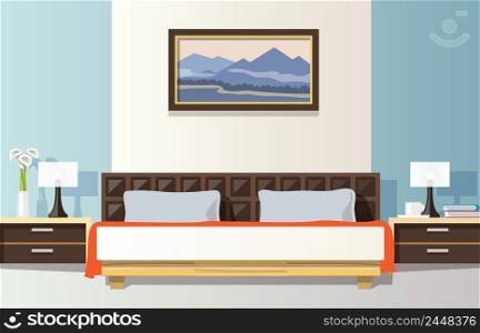 Bedroom interior with flat bed and picture frame vector illustration. Bedroom Flat Illustration