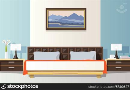 Bedroom interior with flat bed and picture frame vector illustration. Bedroom Flat Illustration