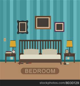 Bedroom interior with furniture. Vector banner of bedroom in flat style.