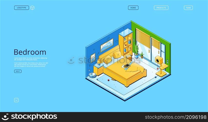 Bedroom isometric landing page, home interior with bed stand front of large windows, cat home and toys, shelves and robot vacuum cleaner. Modern apartment with furniture, 3d vector line art web banner. Bedroom isometric landing page, home interior