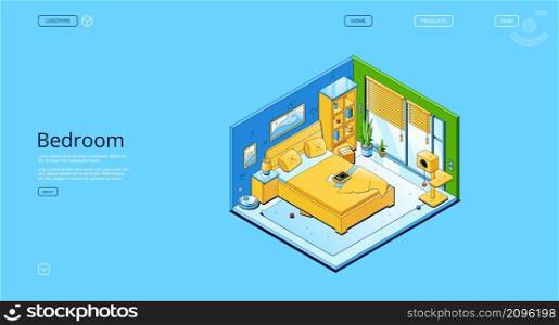Bedroom isometric landing page, home interior with bed stand front of large windows, cat home and toys, shelves and robot vacuum cleaner. Modern apartment with furniture, 3d vector line art web banner. Bedroom isometric landing page, home interior