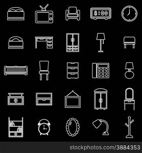 Bedroom line icons on black background, stock vector