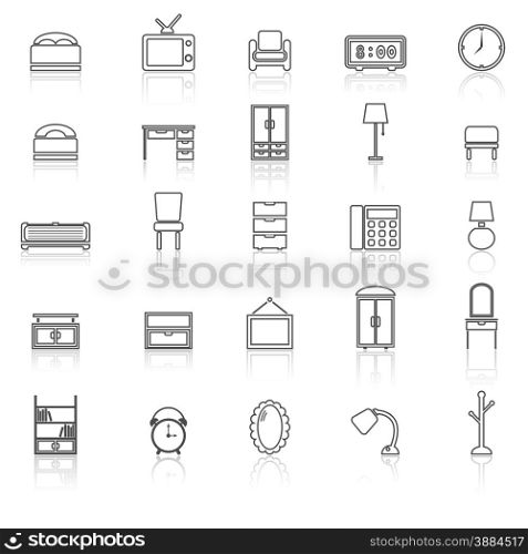 Bedroom line icons with reflect on white, stock vector